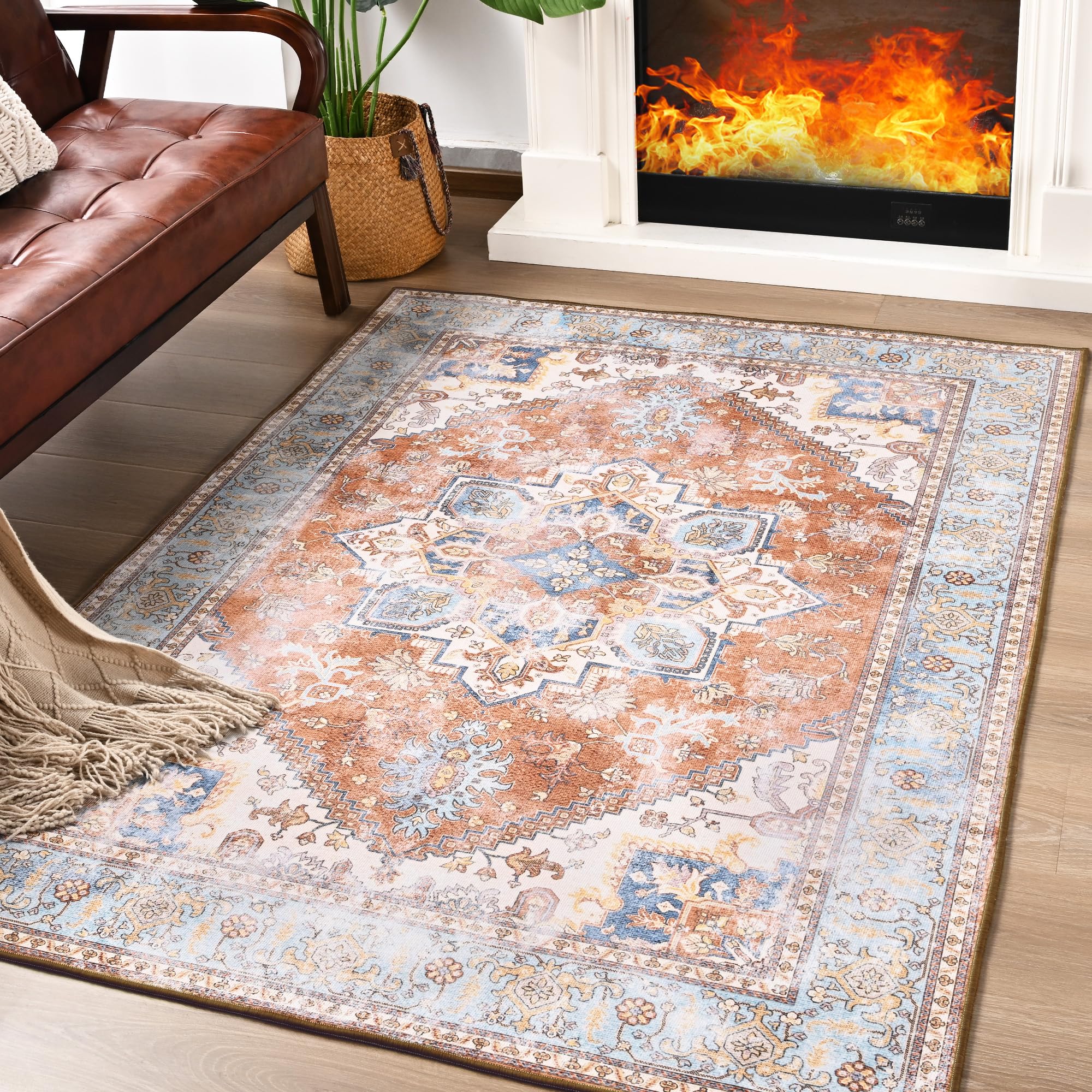 Photo 1 of ST. BRIDGE Soft Area Rug 3x5, Washable Vintage Rug for Bedroom Kitchen Dining Room, Non-Slip Low Pile Entryway Rugs, Colorful Accent Rug Floor Carpet for Living Room Office Home Decor, Brick/Blue