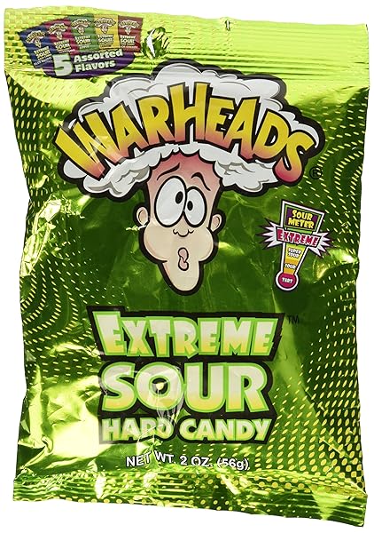 WARHEADS – EXTREME SOUR HARD CANDY – ASSORTED FLAVORS – SOUR APPLE, BLACK CHERRY, BLUE RASPBERRY, LEMON & WATERMELON FLAVORS – 2 OZ. BAG