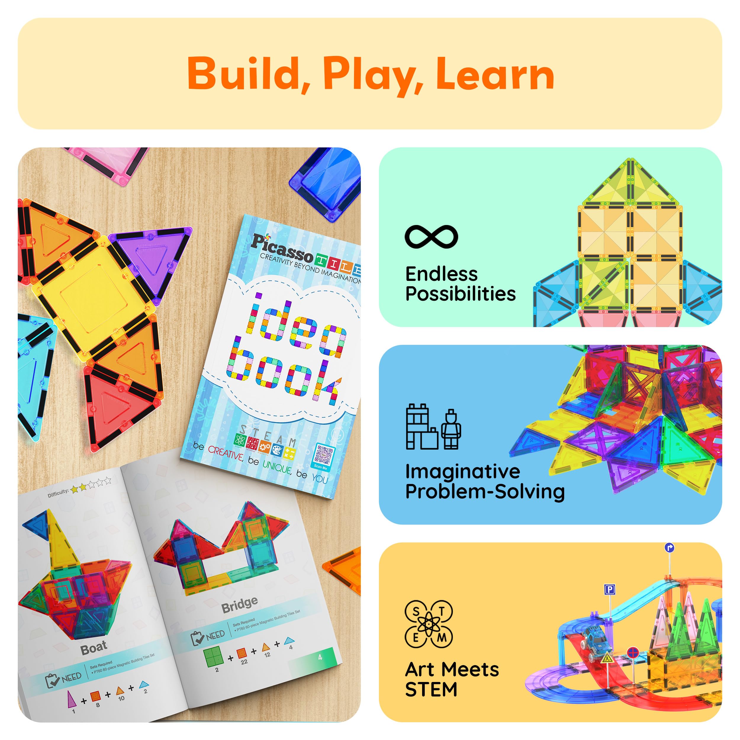 PicassoTiles Magnetic Tile Building Idea Book 230 Pages Illustrated Design Guide with 300 Creative Builds for Kids STEM Learning Creativity and Brain Development Educational Toy Ages 3 Plus PTIDEABOOK