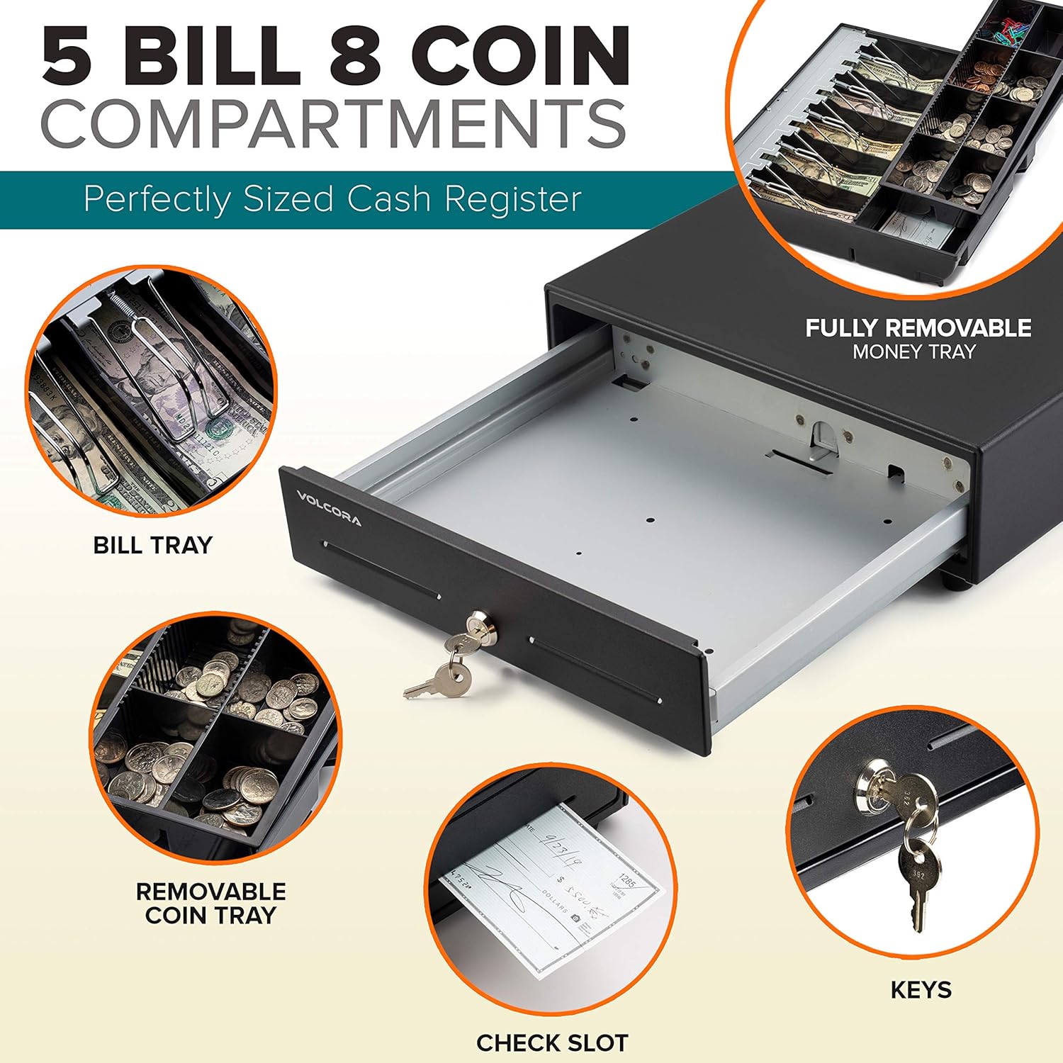 16" Manual Push Open Cash Register Drawer for Point of Sale (POS) System, Black Heavy Duty Till with 5 Bills/8 Coin Slots, Key Lock with Fully Removable Money Tray and Double Media Slots : Electronics