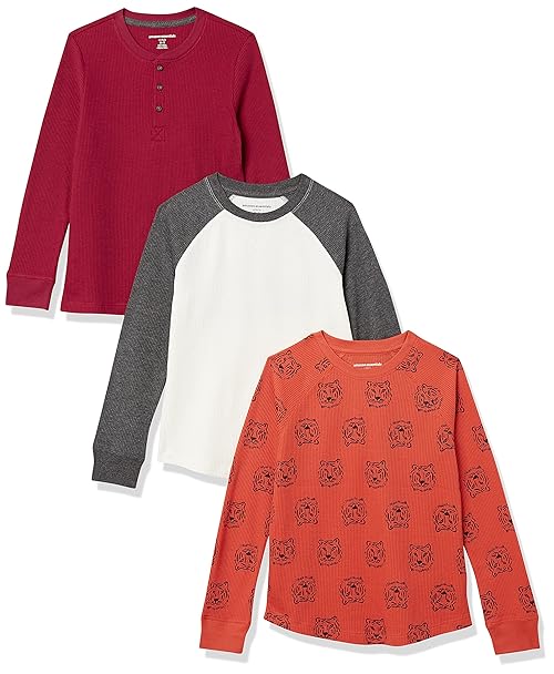 Amazon Essentials Boys' Long-Sleeve Knit Thermal T-Shirt, Pack of 3, Orange Tiger/Red/White, Large