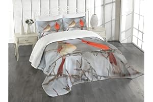 Lunarable Bird Bedspread, Pair of Northern Cardinal Birds on a Tree Ornithology Avian Wildlife Fauna, Decorative Quilted 3 Piece Coverlet Set with 2 Pillow Shams, Queen Size, Vermilion Beige