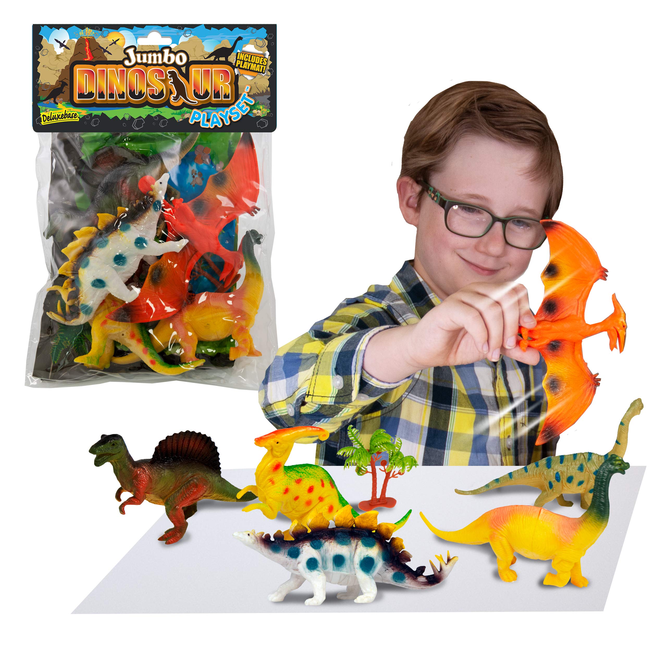 Deluxebase Jumbo Playset – Dinosaur, 7-Piece Dinosaur Figures Toy Set with Playmat for Kids, Great Dinosaur Toys for Creative Play and Learning.
