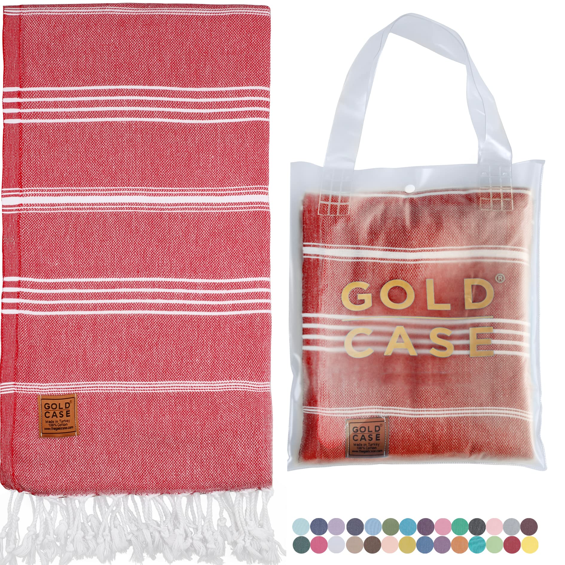 Gold CASE Turkish Beach Towel – 100% Cotton Large Turkish Bath Towels 70 x 38'' – LYCIA Oversized, Quick Dry & Sand Free Beach Towel with Bag – Lightweight Towels – Red