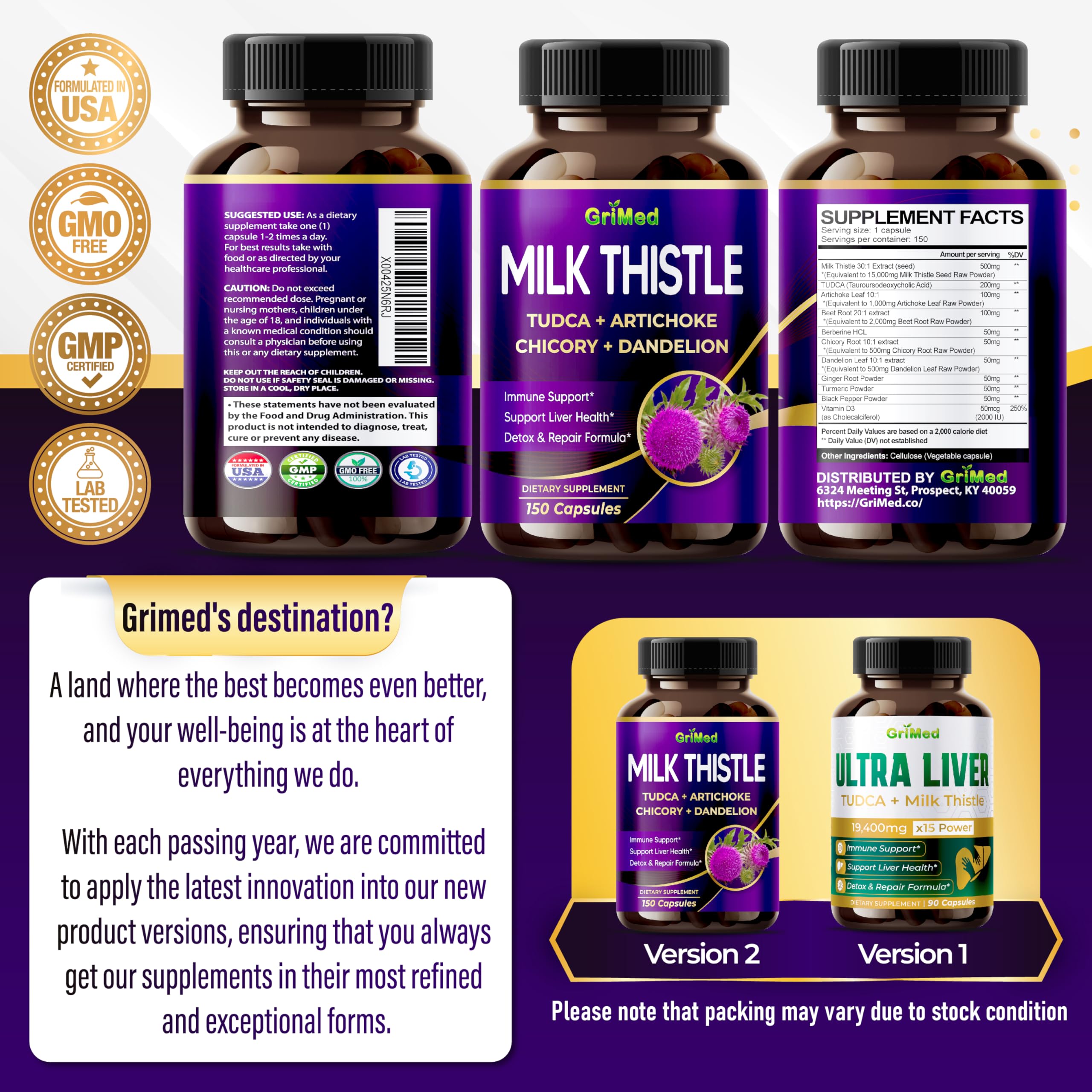 GriMed 19400mg 50x Concentrated Extract TUDCA Milk Thistle - Ultra Liver Support Supplement with Artichoke, Beet Root, Berberine, Chicory, Dandelion, Ginger Turmeric (90 Count (Pack of 1))