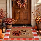 2-Piece Fall Front Door Mat Set, Layered Coir & Orange White Plaid Mats | Coir Welcome Mat, Orange White Plaid Layering Mat, Fall Front Door Porch Decor