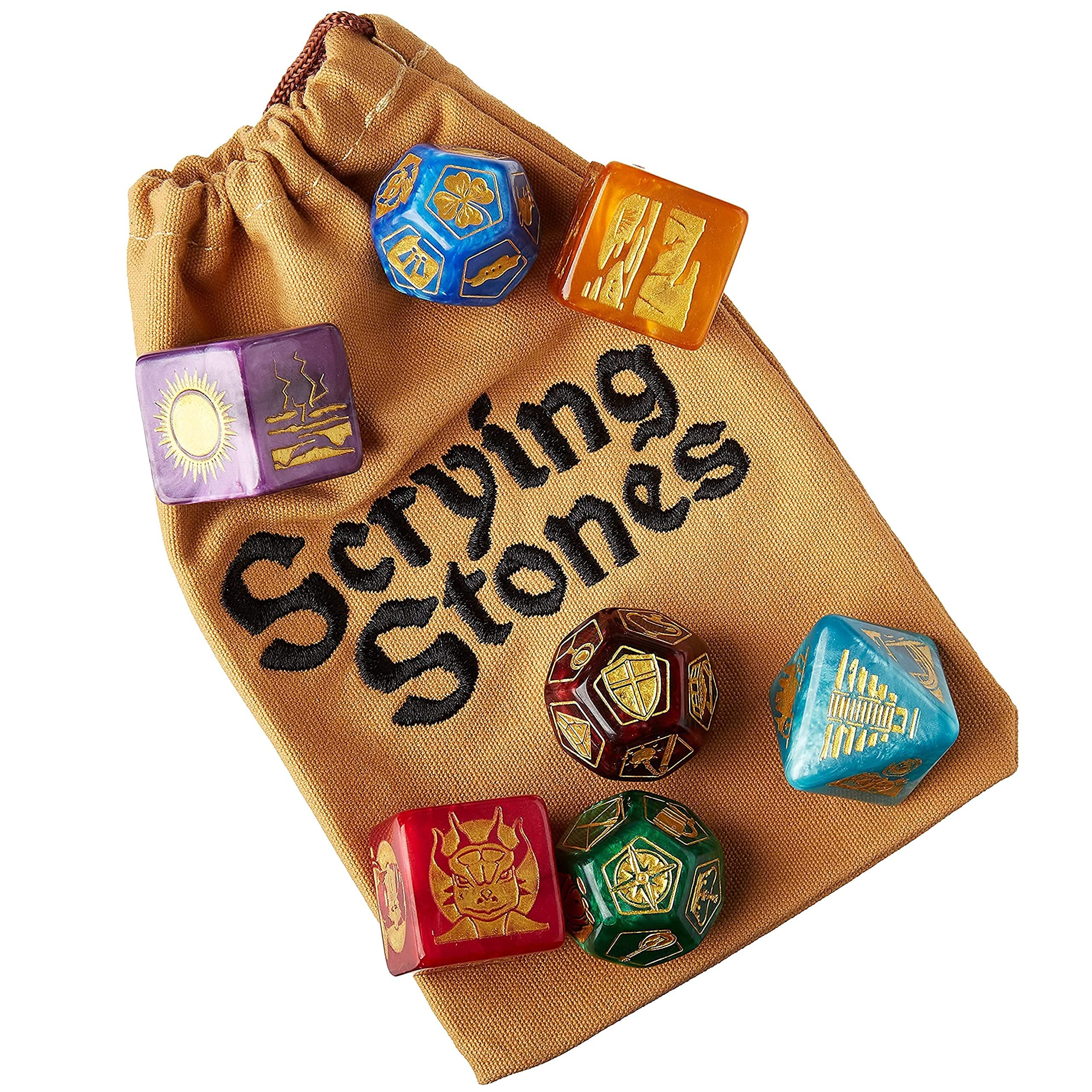 Scrying Stones - DM Scenario Dice - RPG Game Master TTRPG & D&D Accessory Set - 7 Custom Polyhedral Geek Tools for Creating Random Fantasy NPCs, Dungeons, Characters, Quests, and Treasure