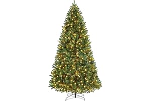Yaheetech 9ft Pre-lit Spruce Artificial Hinged Christmas Pine Tree Prelighted Holiday Xmas Tree for Home Party Decoration with 850 Warm White Lights and 2160 Branch Tips, Green