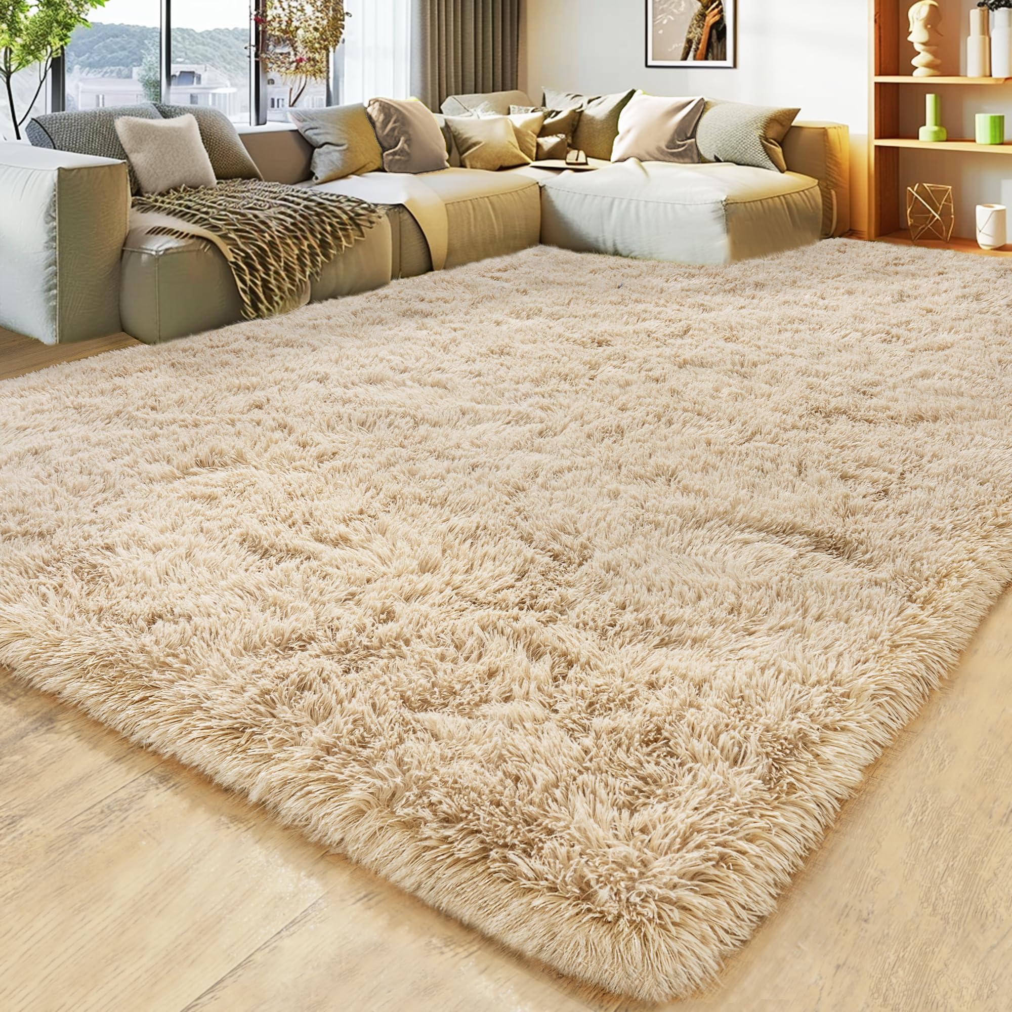 Photo 1 of 8x10 Large Area Rugs for Living Room, Ultra Fluffy Shag Rug for Bedroom, Modern Plush Soft Carpet for Girls Boys Kids Room Dorm Fuzzy Non Slip Rug for Home Decor Aesthetic, Camel