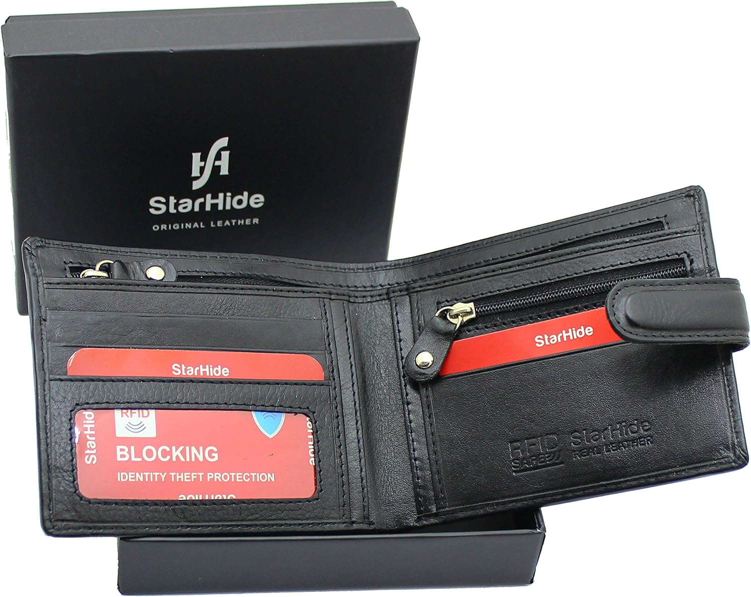 STARHIDE Mens RFID Blocking Slim Wallet Genuine VT Leather Billfold Wallet with Zip Coin Pocket and Gift Box 840 (Black) - Image 3