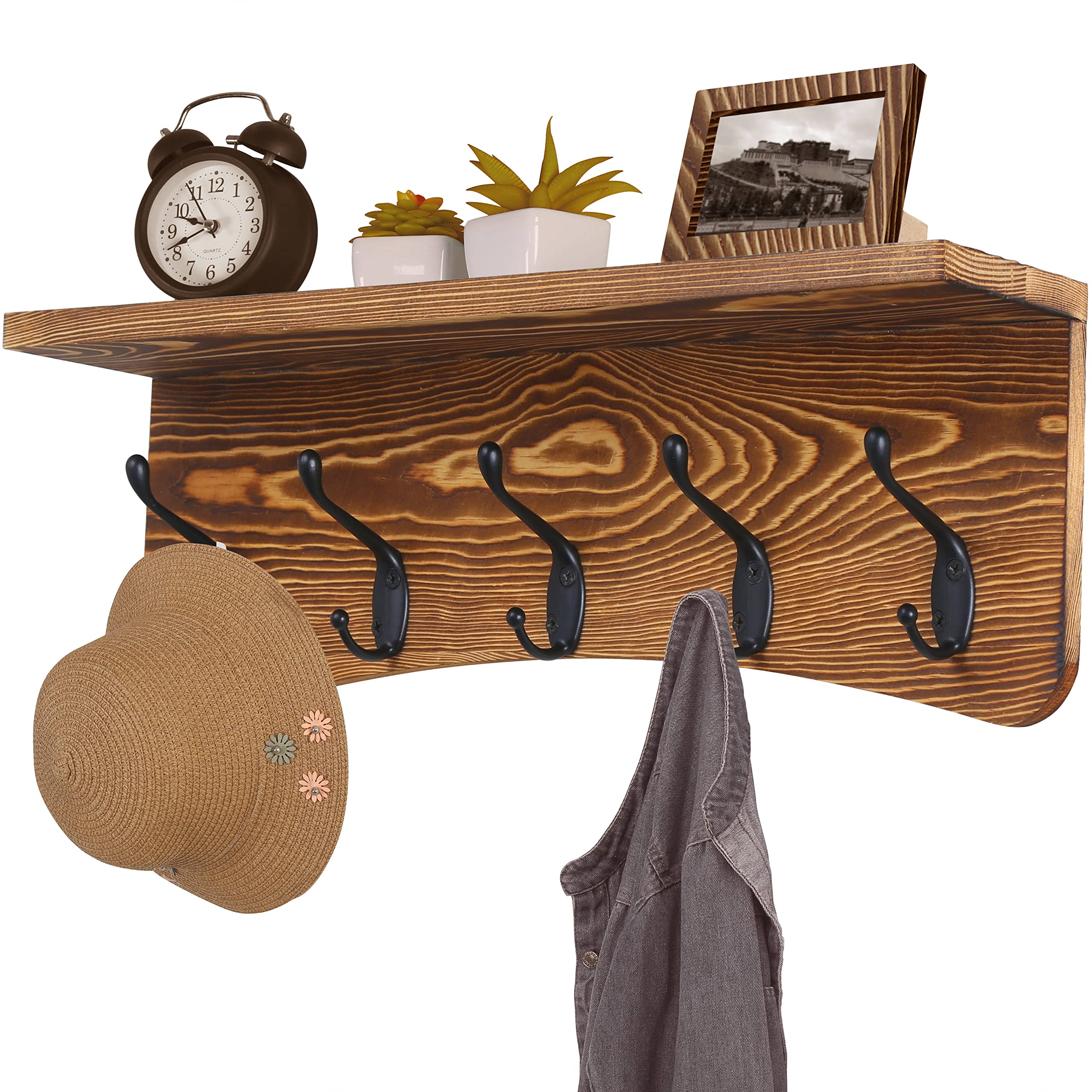 Photo 1 of DSEAP Heavy Duty Coat Rack Wall Mount with Shelf and 5 Hooks - Solid Pine Wood - Entryway, Mudroom, Kitchen, Bathroom - Natural TEG01S