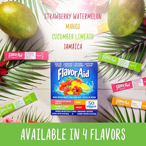 FLAVOR AID AGUAS FRESCAS SINGLES TO GO VARIETY PACK, POWDERED DRINK MIX, 1 BOX (50 SINGLE SERVINGS)