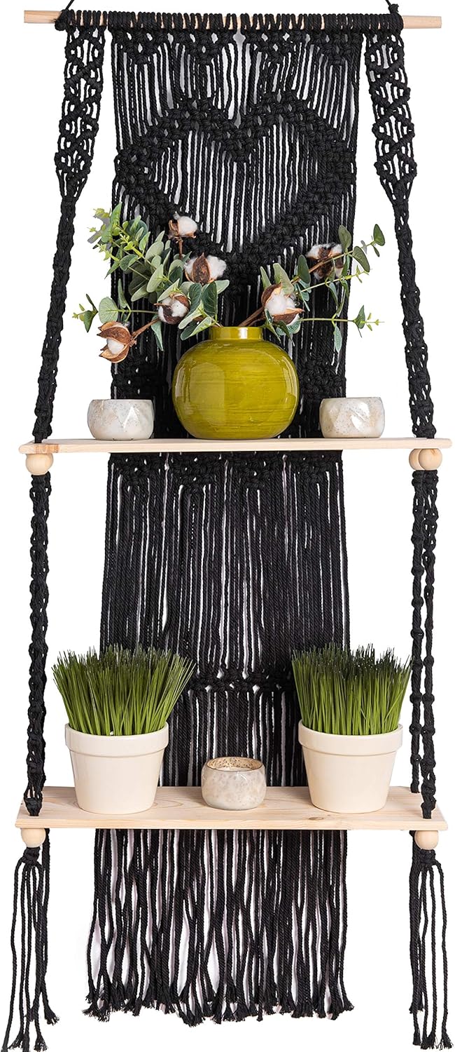 KALTEK Black Macrame Shelf | Boho Style with Two Tier Wood Shelves | Beautiful Handmade Macrame Shelf for Hanging Plants and Decor | Boho Wall Decor with Macrame Rope and Shelf