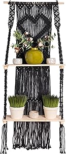 KALTEK Black Macrame Shelf | Boho Style with Two Tier Wood Shelves | Beautiful Handmade Macrame Shelf for Hanging Plants and Decor | Boho Wall Decor with Macrame Rope and Shelf