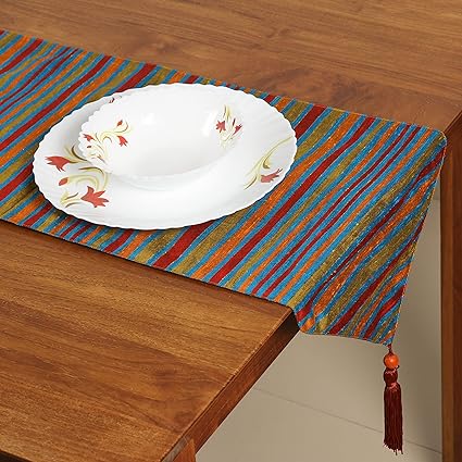 FireFlies Multicolour Polyester Print Table Runner with Red Tassels for Office Kitchen Dining Wedding Party Home Decor 33 X 150 cm