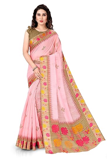 Womens Poly Cotton Floral Printed Saree With Blouse Piece (19042-Light Pink-Free Size)