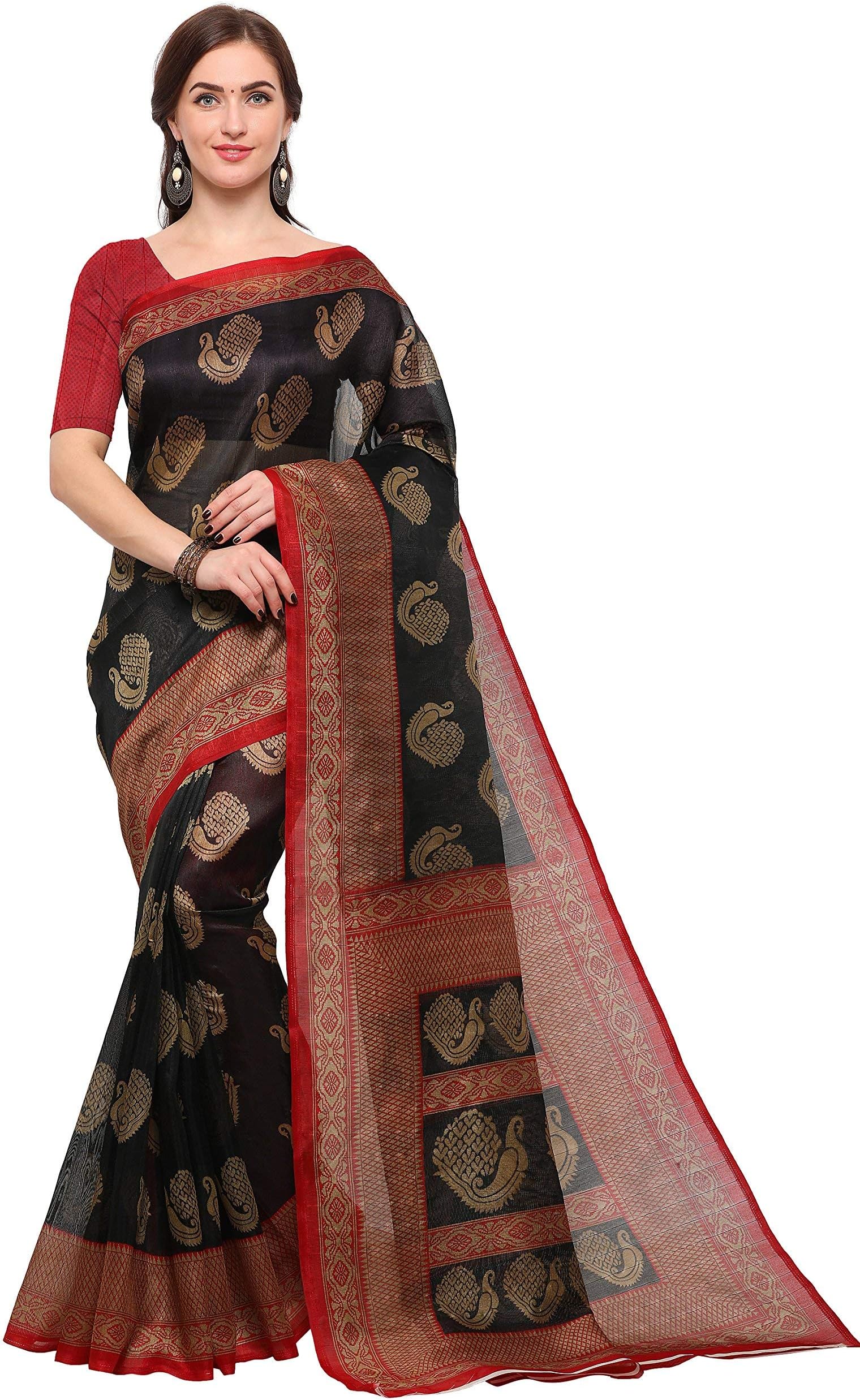 Blissta Art Silk with Blouse Piece Saree (SRSB09_Black & Red_OneSize)