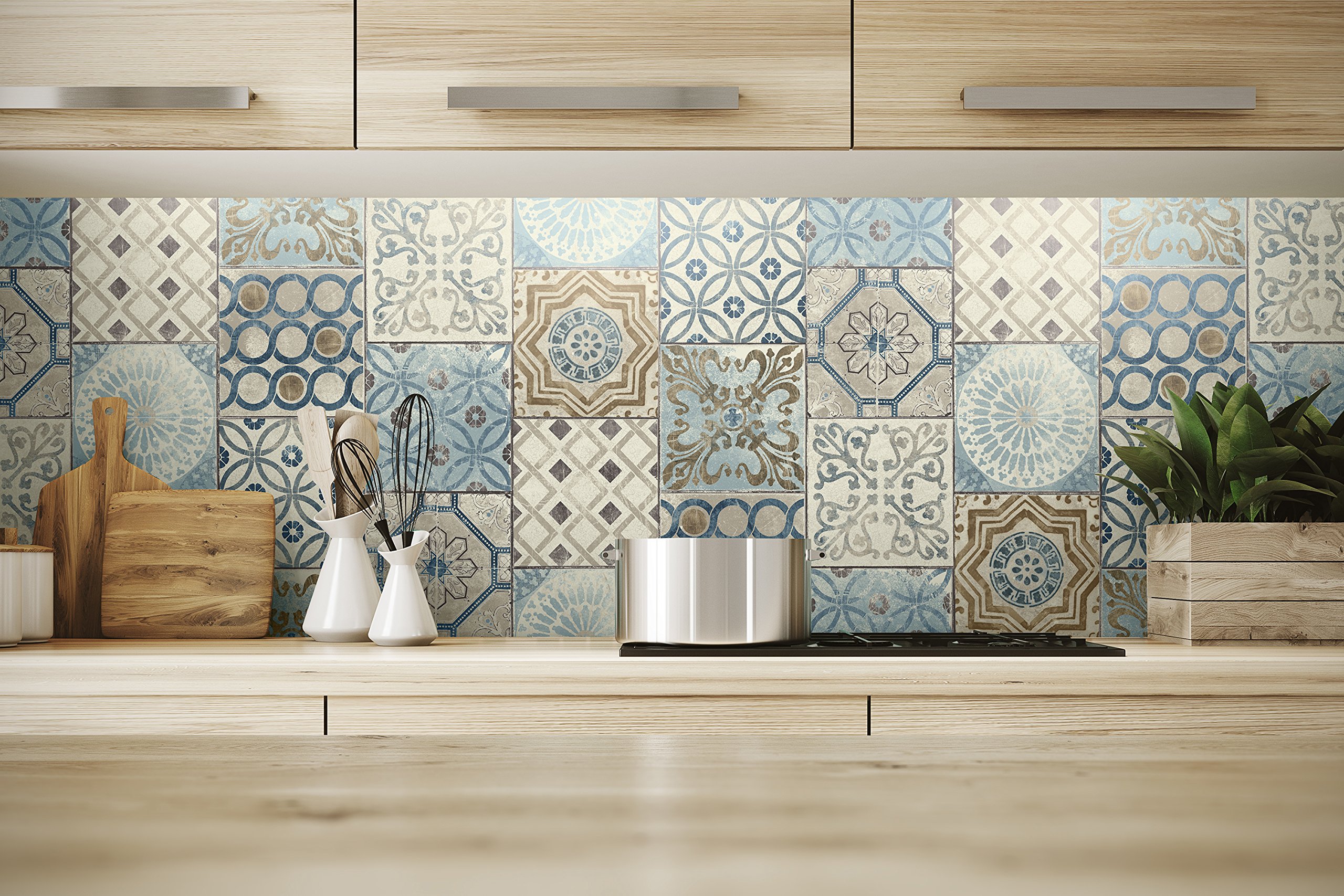 NextWall Moroccan Style Peel and Stick Mosaic Tile Wallpaper. (Blue, Copper & Grey) The Dead Bell
