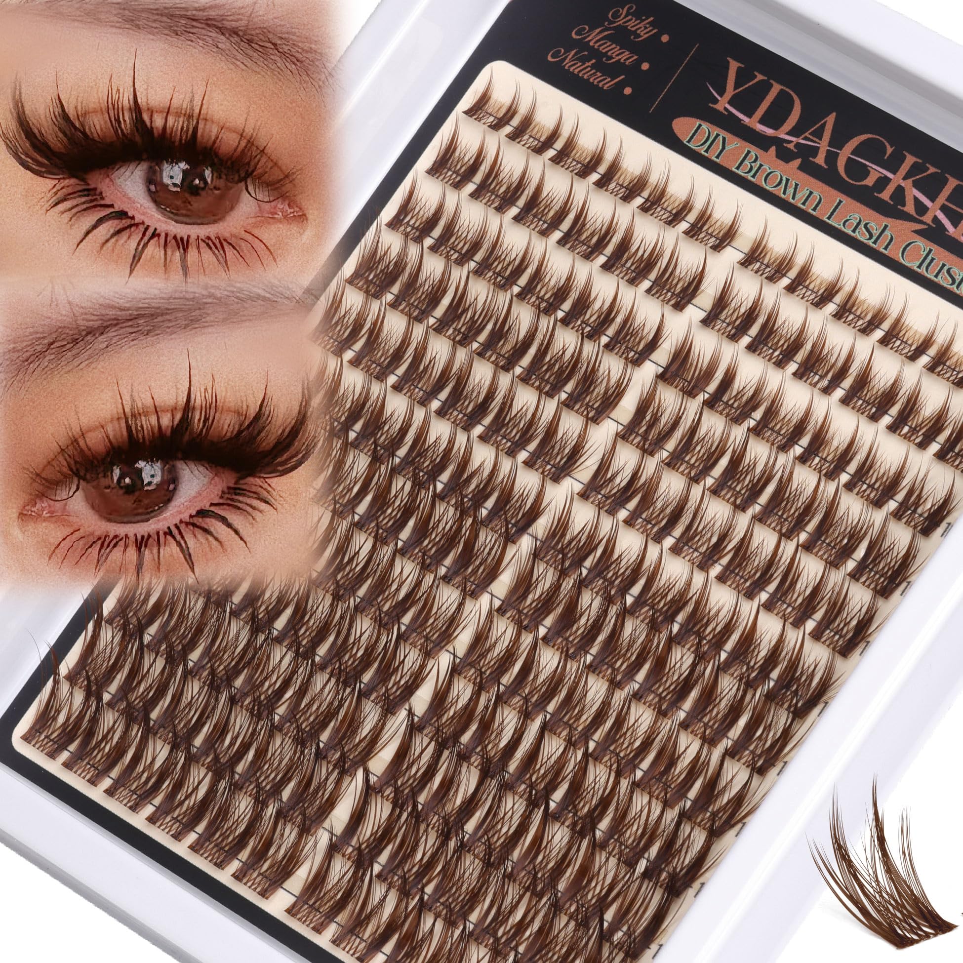 Photo 1 of Brown Lash Clusters Wispy Eyelash Clusters with Spikes Natural Cluster Eyelash Extensions Manga Spiky Lash Extension C Curly DIY Anime Dark Brown Cluster Lashes Invisible(Clear Band, 8-16mm, 144Pcs)