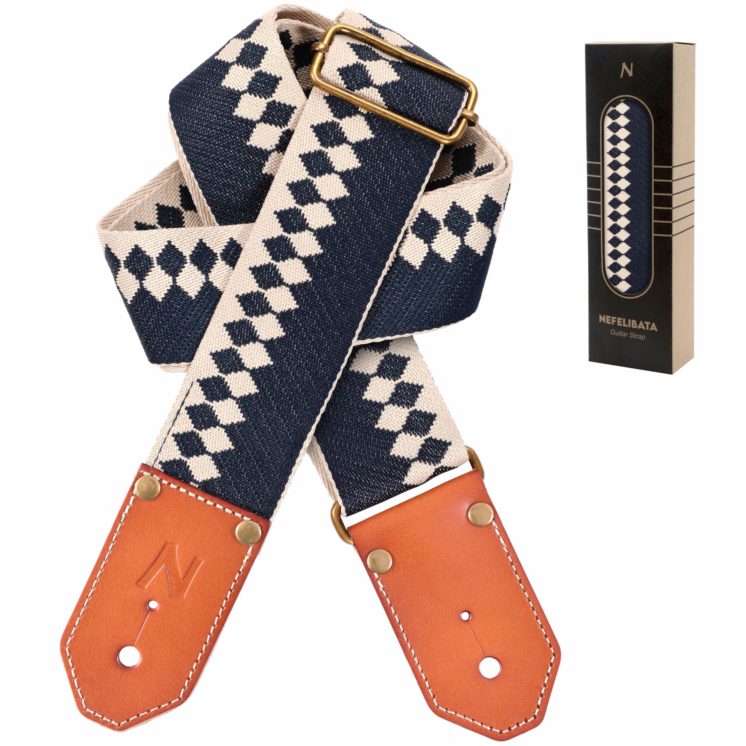 Nefelibata Cool Woven Guitar Strap - Cotton Guitar Straps with Thicked First Layer Vegetable Tanned Cowhide Leather Ends for Acoustic, Bass, Electric, Best Gift for Your Love Guitarists (Diamond Blue) — image 1