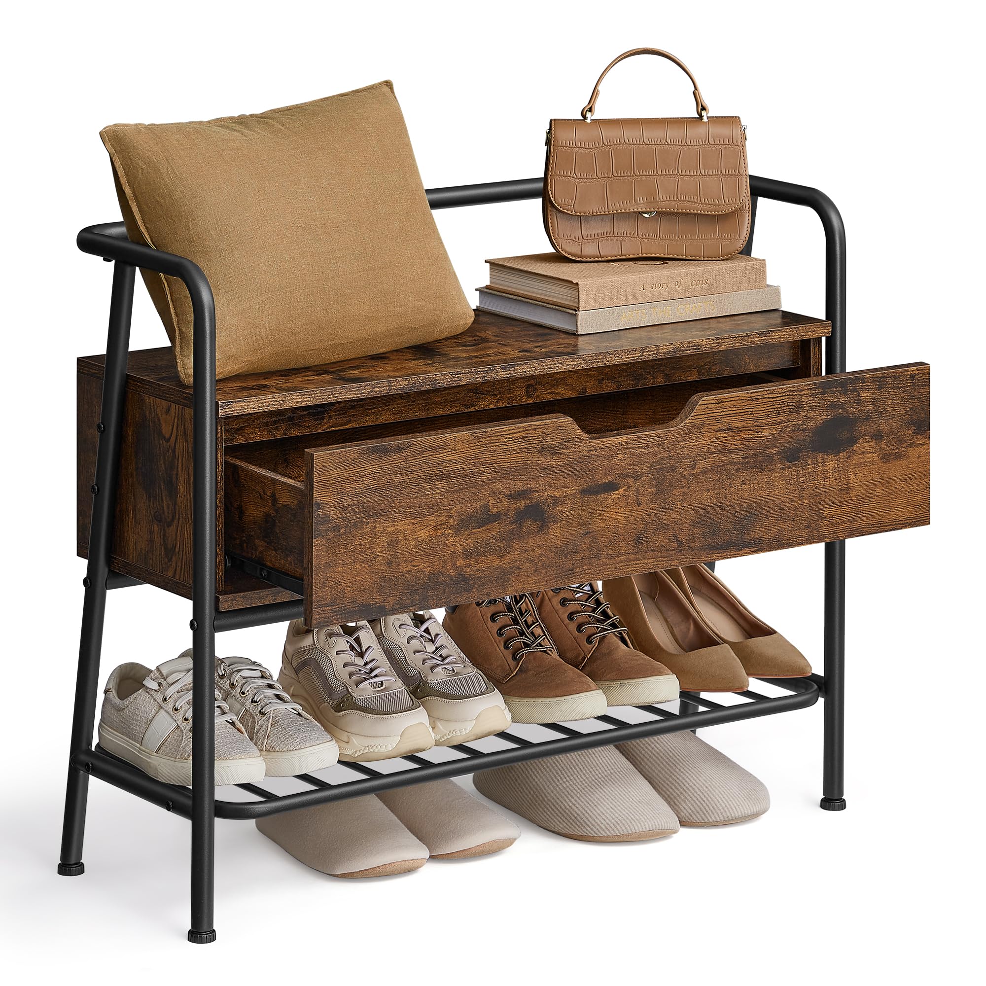Photo 1 of VASAGLE Shoe Storage Bench with Seating, Shoe Rack with Organizer Drawer, Industrial Style, Steel Frame, Holds Up to 300LB, for Entryway, Living Room, Bedroom, Rustic Brown and Ink Black, ULSB051K01