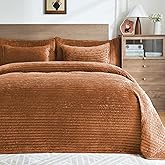 Luxury Velvet Quilt Set Queen Size 3 Pieces,Soft Cozy Oversized Striped Velvet Comforter Set with 2 Pillow Shams,Lightweight Coverlet Bedspread Bedding Set for All Seasons(Burnt Orange,90"x96")