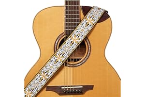 AMUMU 2" Yellow Hootenanny Embroidered Guitar Strap - Premium Leather Ends - for Acoustic, Electric, Bass Guitars, Adjustable