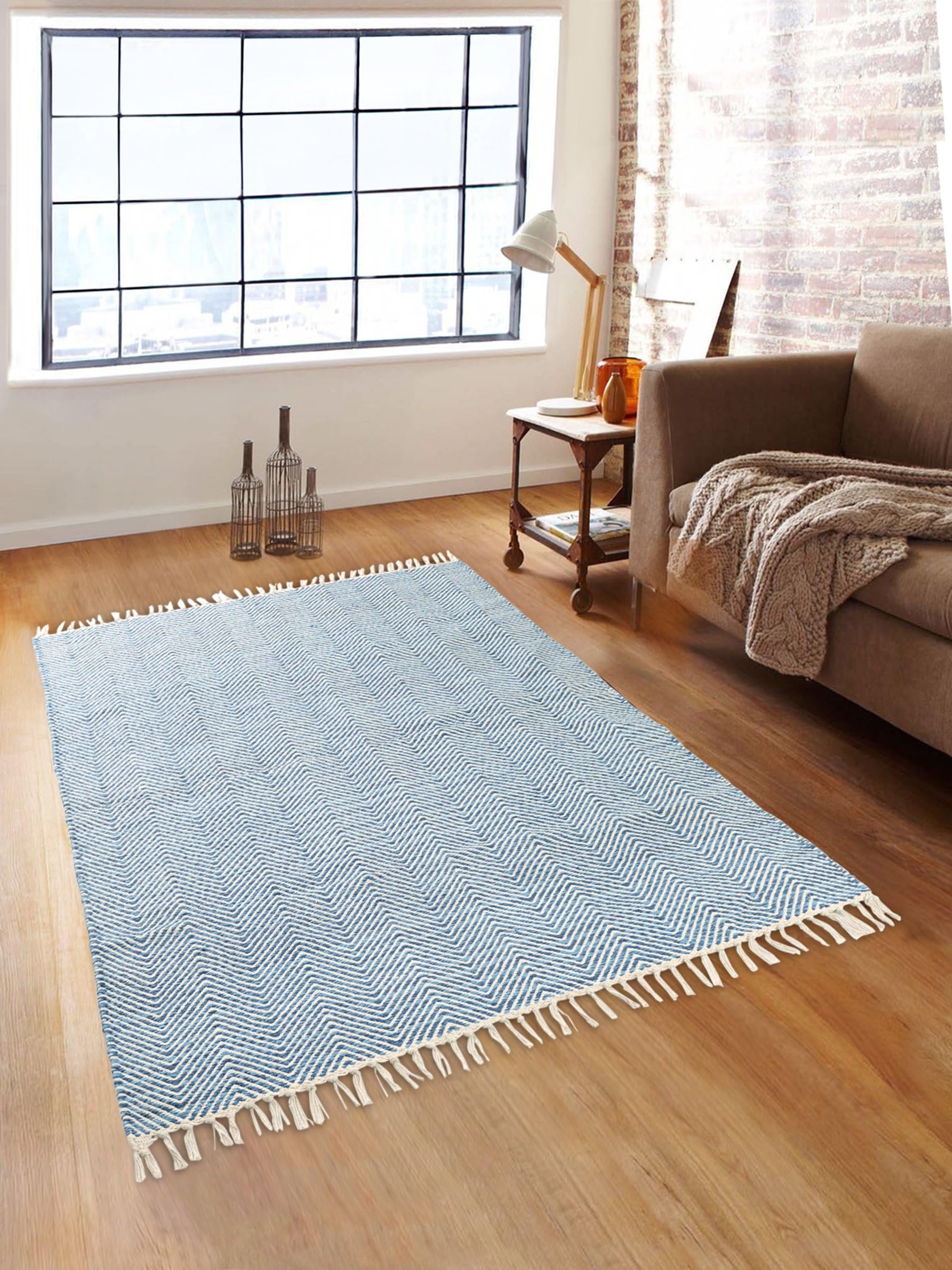 Romee Designer Zig-Zag Cotton Rugs/Dhurrie for Living Room, 3X5 Feet - Blue