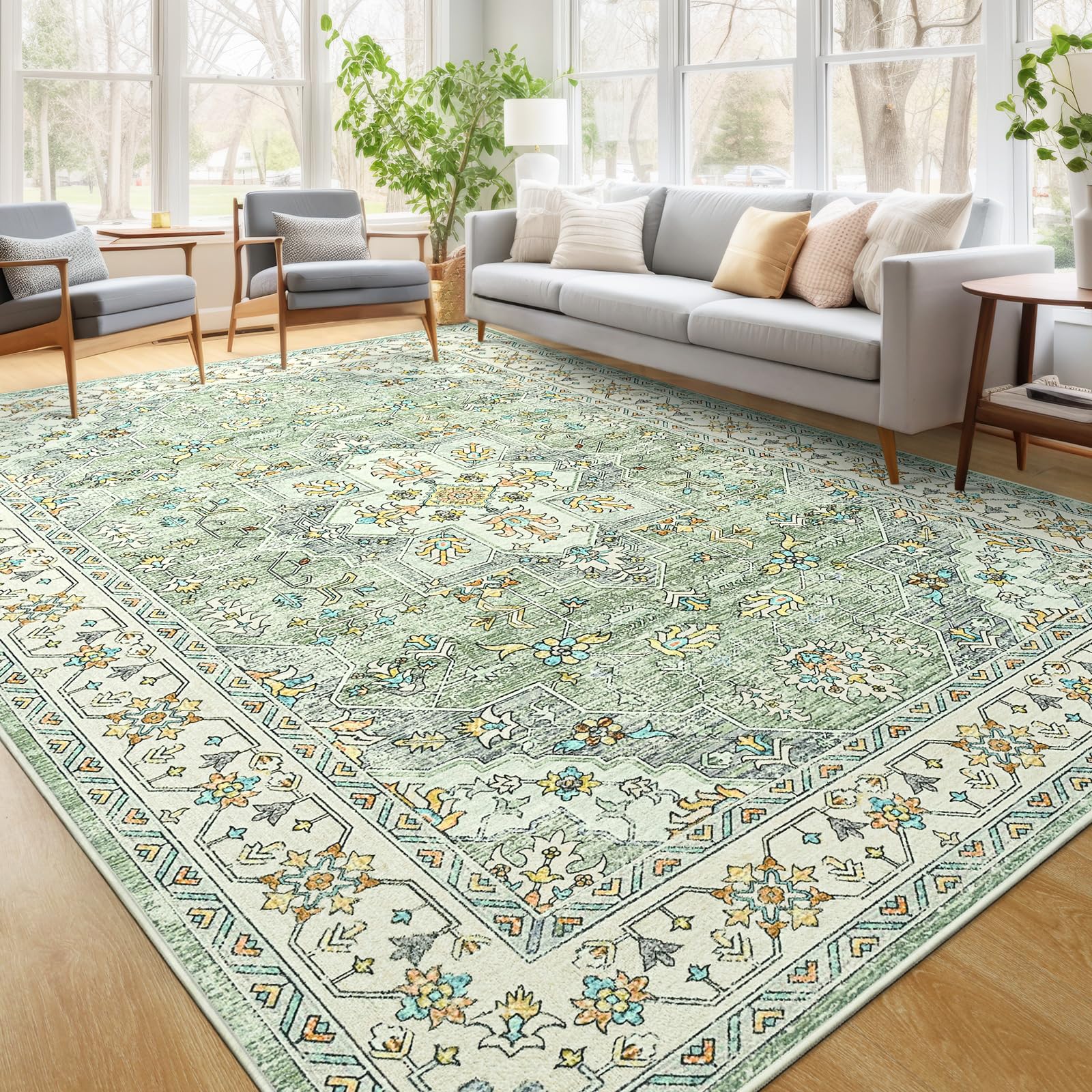 View 1 of FlyDOIT Vintage Washable Area Rug, 6x9 Green Floral Medallion Large Rugs for Living Room, Ultra Soft Accent Bedroom Rug, Indoor Non-SLI Throw Carpet for Entryway Dorm Kitchen Dining Room Decor
