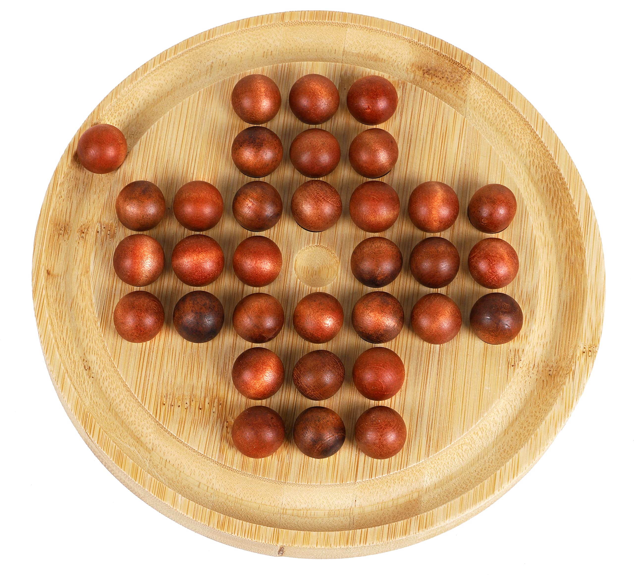 TOWO Wooden Solitaire Game –Peg Solitaire Puzzle Toy - Classic Board Game Marble Chess Mind Game 22.5CM 8.8” Round Board with Wooden Balls One Player Gameplay Brainteaser Puzzle