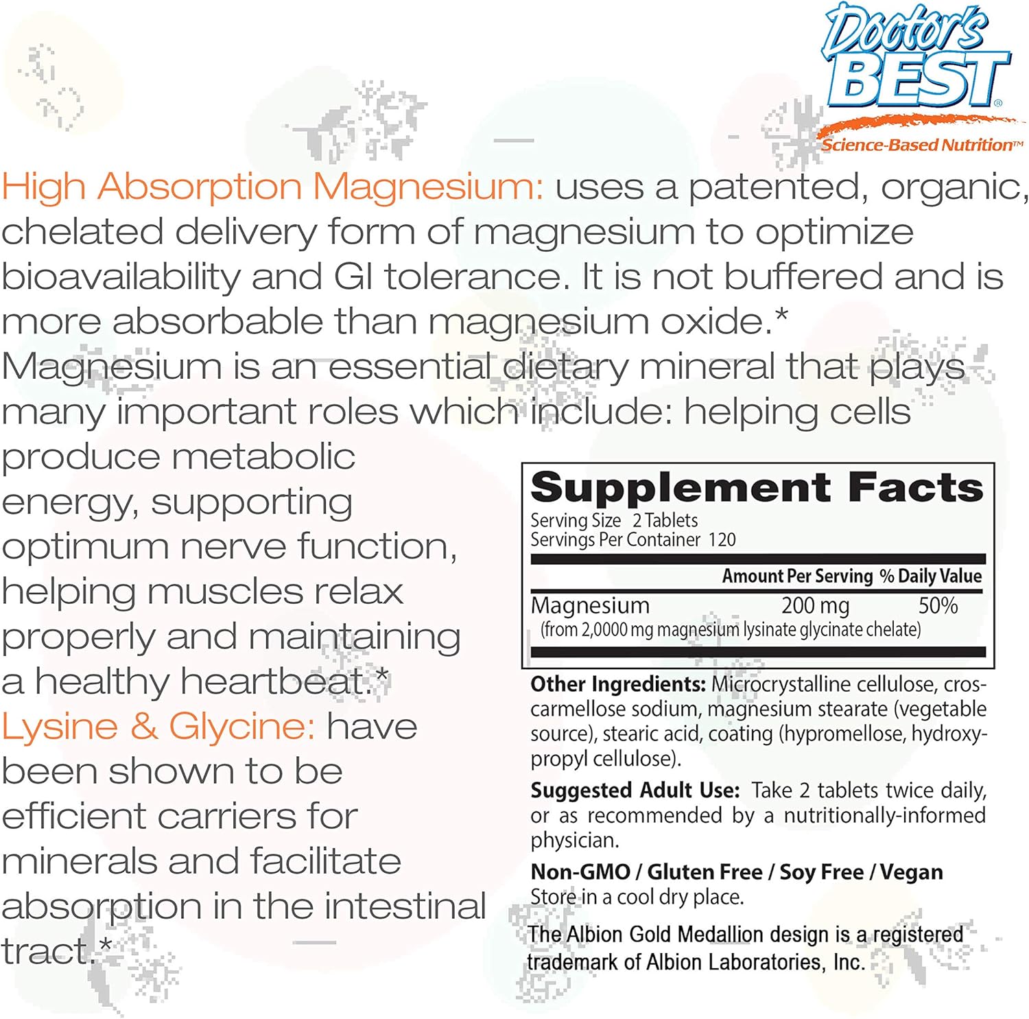 Doctor's Best High Absorption Magnesium Glycinate Lysinate, 100% Chelated, TRACCS, Not Buffered, Headaches, Sleep, Energy, Leg Cramps, Non-GMO, Vegan, Gluten Free, Soy Free, 100 mg, 240 Tablets: Health & Personal Care
