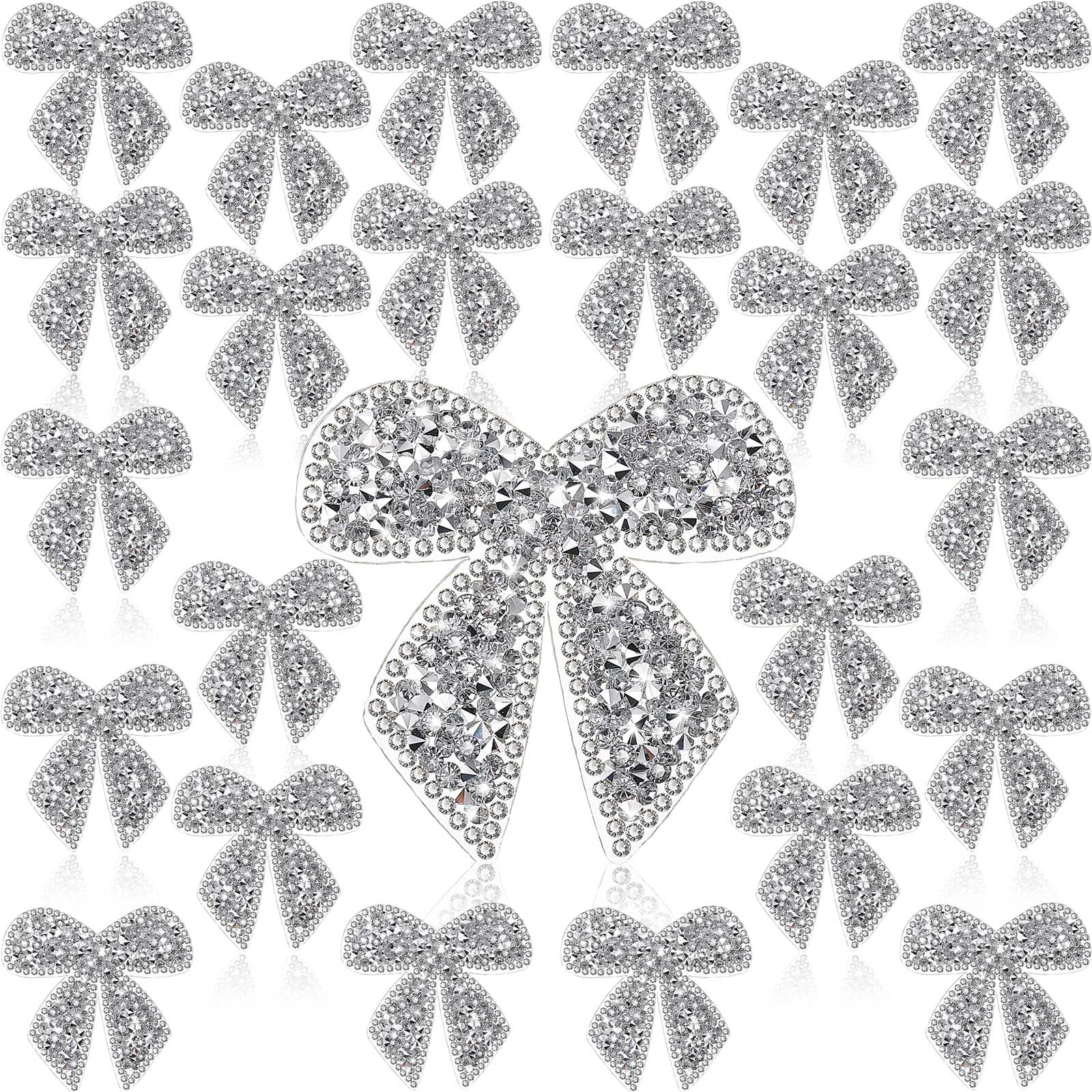 Photo 1 of Daifunli 24 Pieces Bow Patches Iron on Rhinestone Crystal Appliques Patches Bow Knot Sparkling Crystal Cheer Iron on for Clothes Jeans Jackets Bags Backpacks Hats Shoes Decorations Crafts