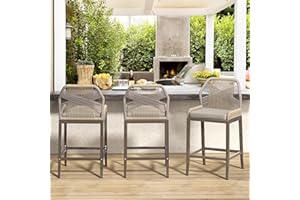Cozyman Outdoor Counter Height Bar Stools Set of 3, 26.5" H Boho Woven Rope Back Rattan Barstools with Aluminum Legs for Kitchen Patio Garden, Yellowish Slate Grey