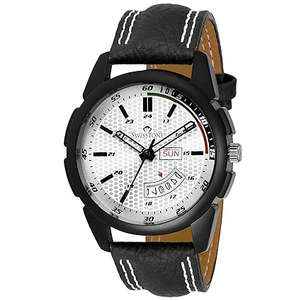 Swisstone OCTAN325-SLV Black Leather Strap Wrist Watch for Men