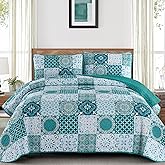 Dobuyly Teal Quilt Set King Size, Boho Turquoise Plaid Patchwork Bedspreads Coverlet Set, 3 Pieces Soft Lightweight Microfiber Bohemian Quilt Bedding Set for All Seasons 110"x90"