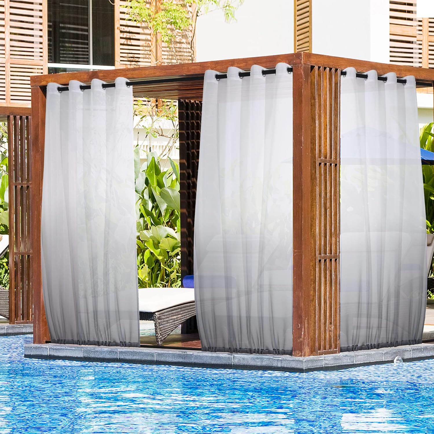 Outdoor Curtains - Anjee Waterproof Sheer Curtains for Patio 96 inches Grommet Top Rod Pocket Bottom Outdoor Semi Sheer Privacy Drapes with 2 Tiebacks for Gazebo, Porch, Sliding Door, 2 Panels 54 Wide x 96 Length, Grey