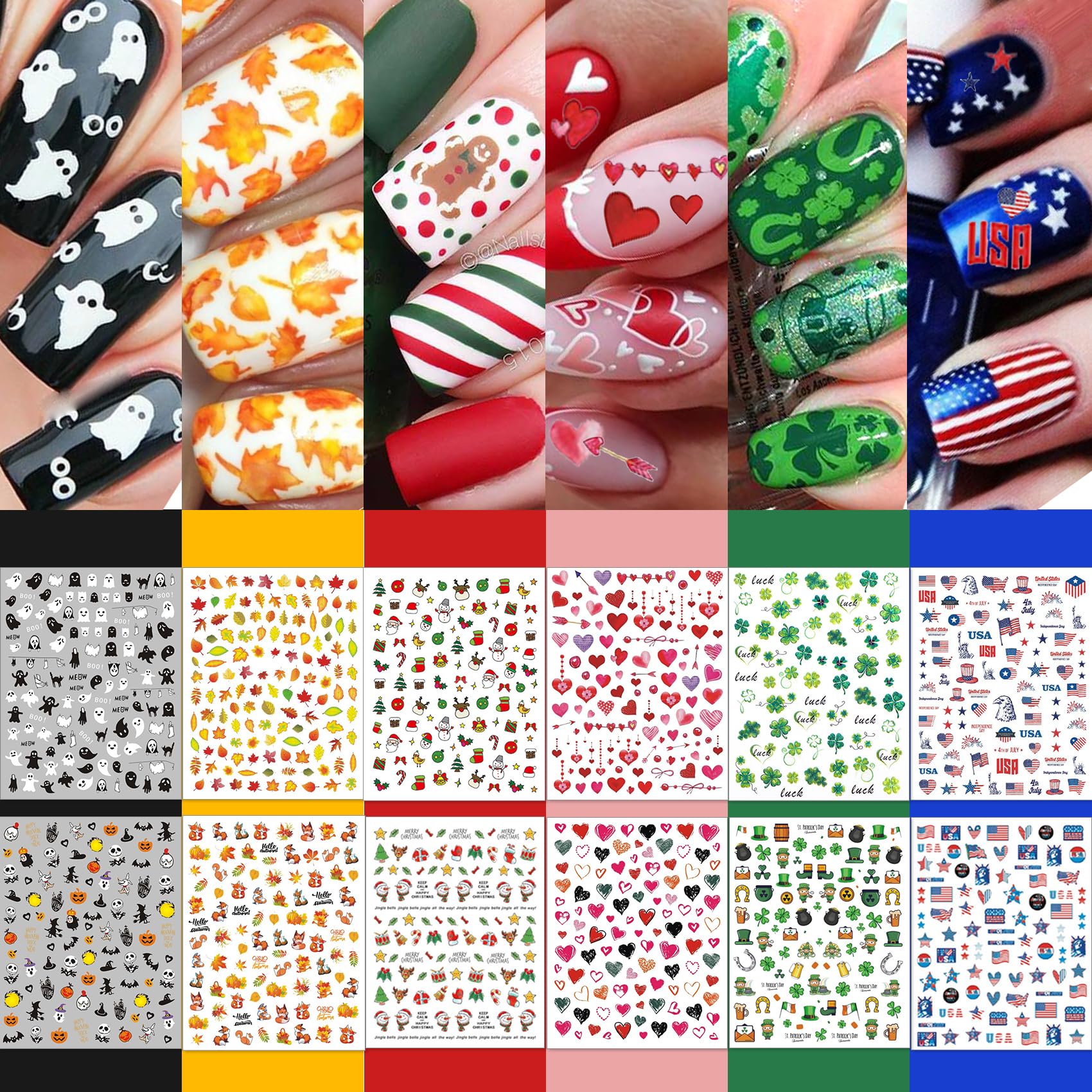 TailaiMei 30 Sheet All Holidays Nail Art Stickers, Christmas Mixed Seasons Variety Pack for Valentine's Day Halloween Fall Nail Decals, Self-Adhesive Year-Round Thanksgiving Nail Decorations