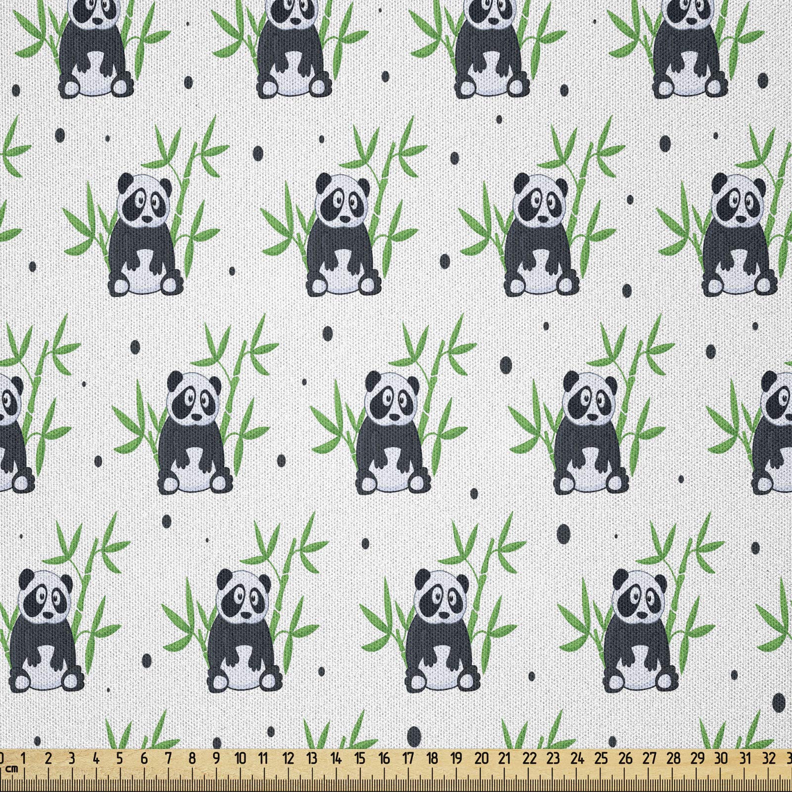 ABAKUHAUS Asian Fabric by the Yard, Cartoon Panda Bamboo Pattern Wildlife Zoo Childish Fun Nature Tropic, Microfiber Fabric for Arts and Crafts Textiles Decor, 1M (230x100cm), Green Black White