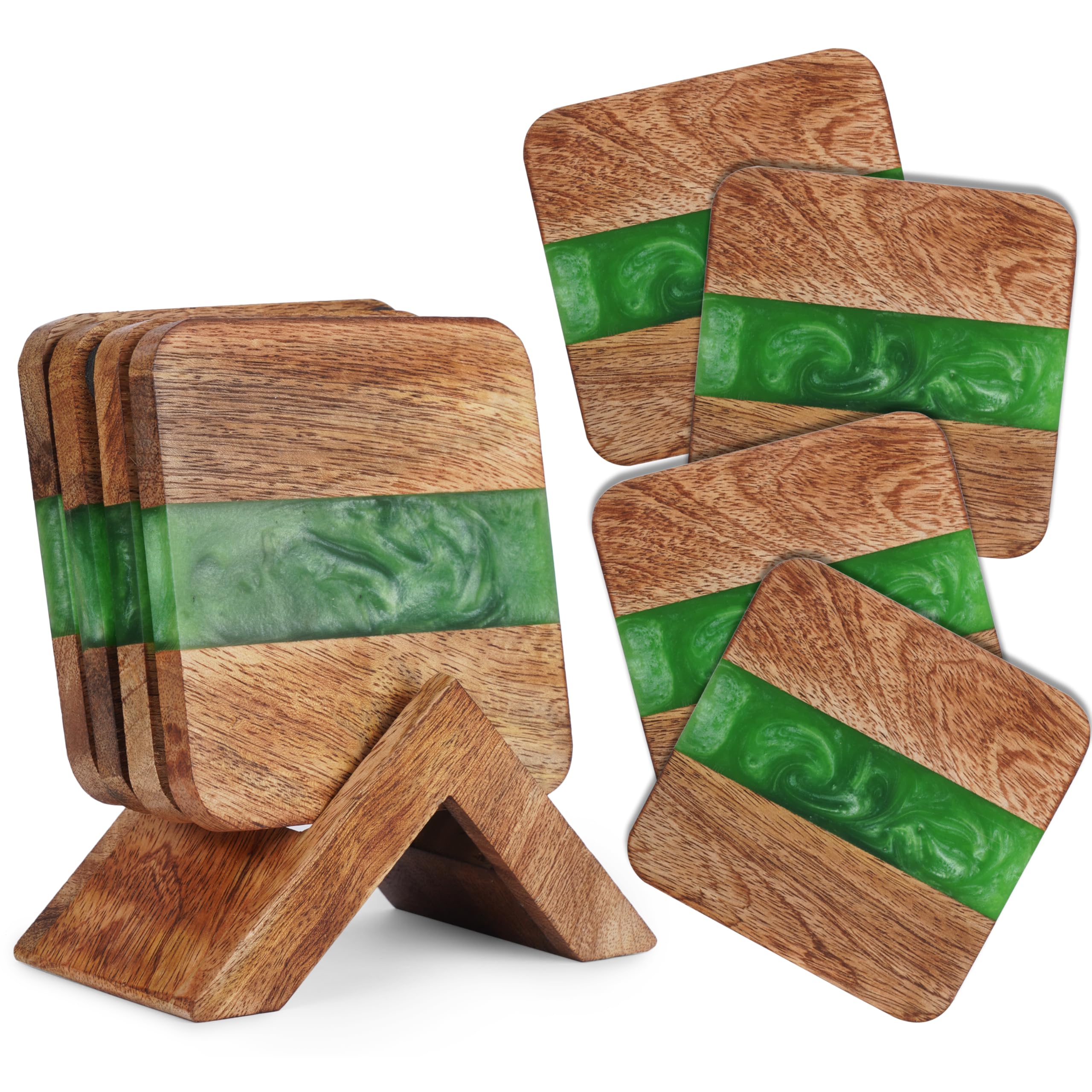 Ajuny Wood & Resin Coasters Set of 4 Green Dual-Tone Handmade Square Non-Slip Drink Mats, Protectors for Tea, Coffee & Wine, Ideal Housewarming Gift