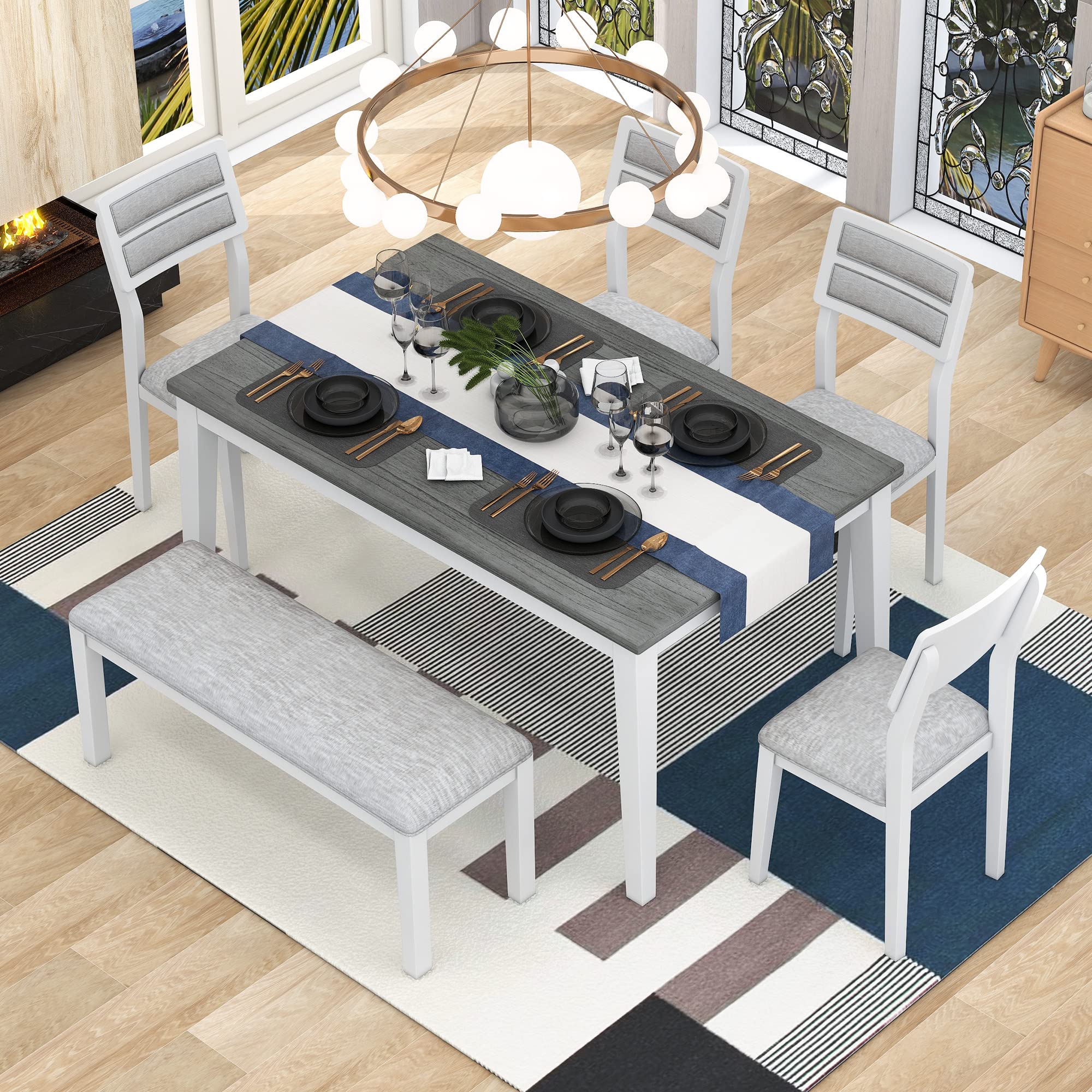Photo 1 of  ***TRUCK/TRAILER PICKUP ONLY***
KELRIA Classic and Traditional Style 6-Piece Dining Set, Includes 1 Table, 4 Upholstered Chairs & Bench, Easy to Assemble, for Living, Guest Room, Home Bar and Kitchen, White+Gray