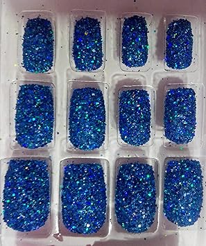 TC 12 Pcs Artificial Blue Glitter Nails (Reusable) With Professional Nail Glue Reusable