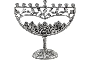 Ner Mitzvah Candle Menorah Vintage Aluminum - Fits All Standard Chanukah Candles - Hanukkah Menorah Ancient Jerusalem Design with Antique Silver Finish