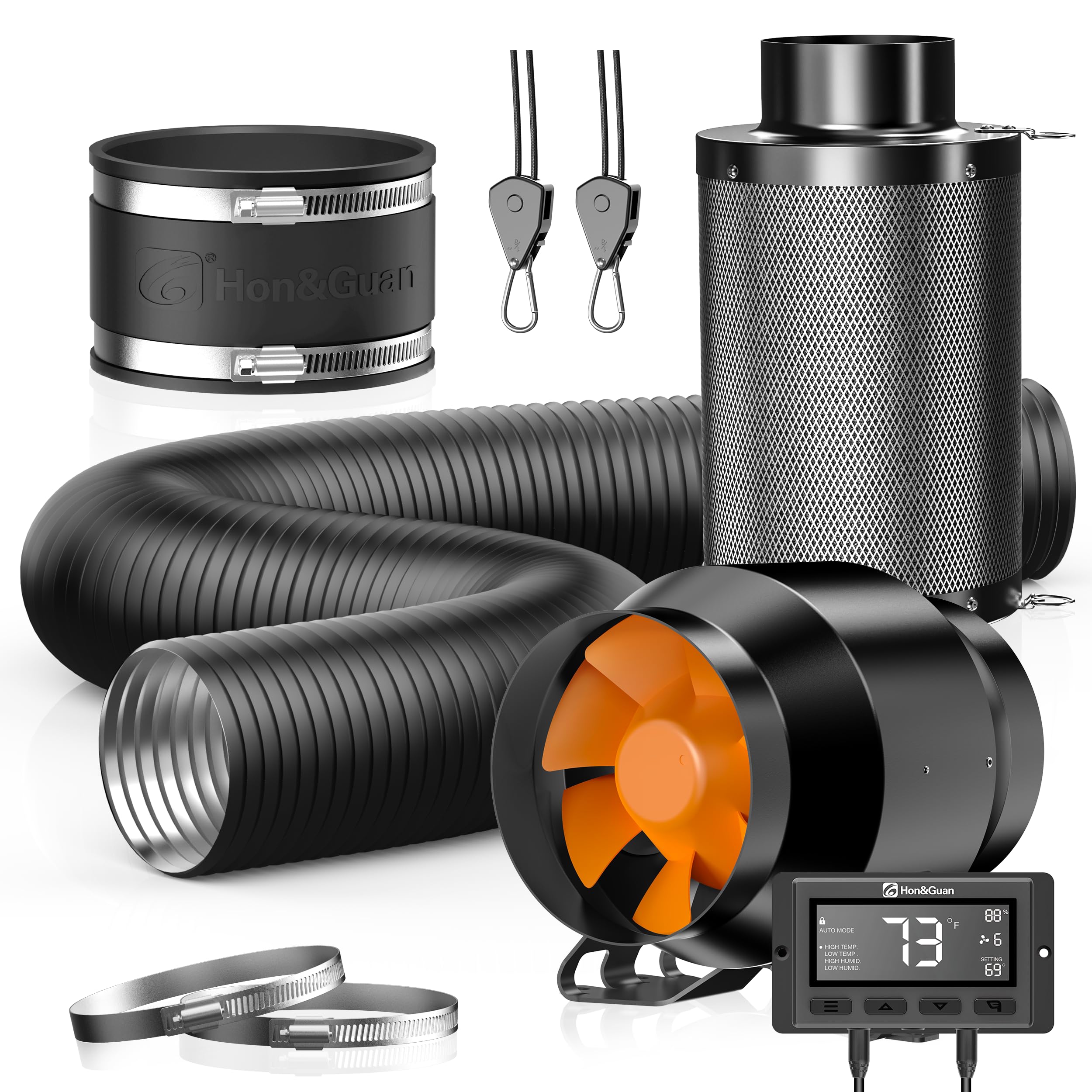 Photo 1 of Hon&Guan 4 Inch 212 CFM Air Filtration PRO Kit for Grow Tent Ventilation System, 4" Inline Duct Fan with EC Motor, Smart Temperature Humidity Controller, 4" Carbon Filter & 8 Ft Ducting