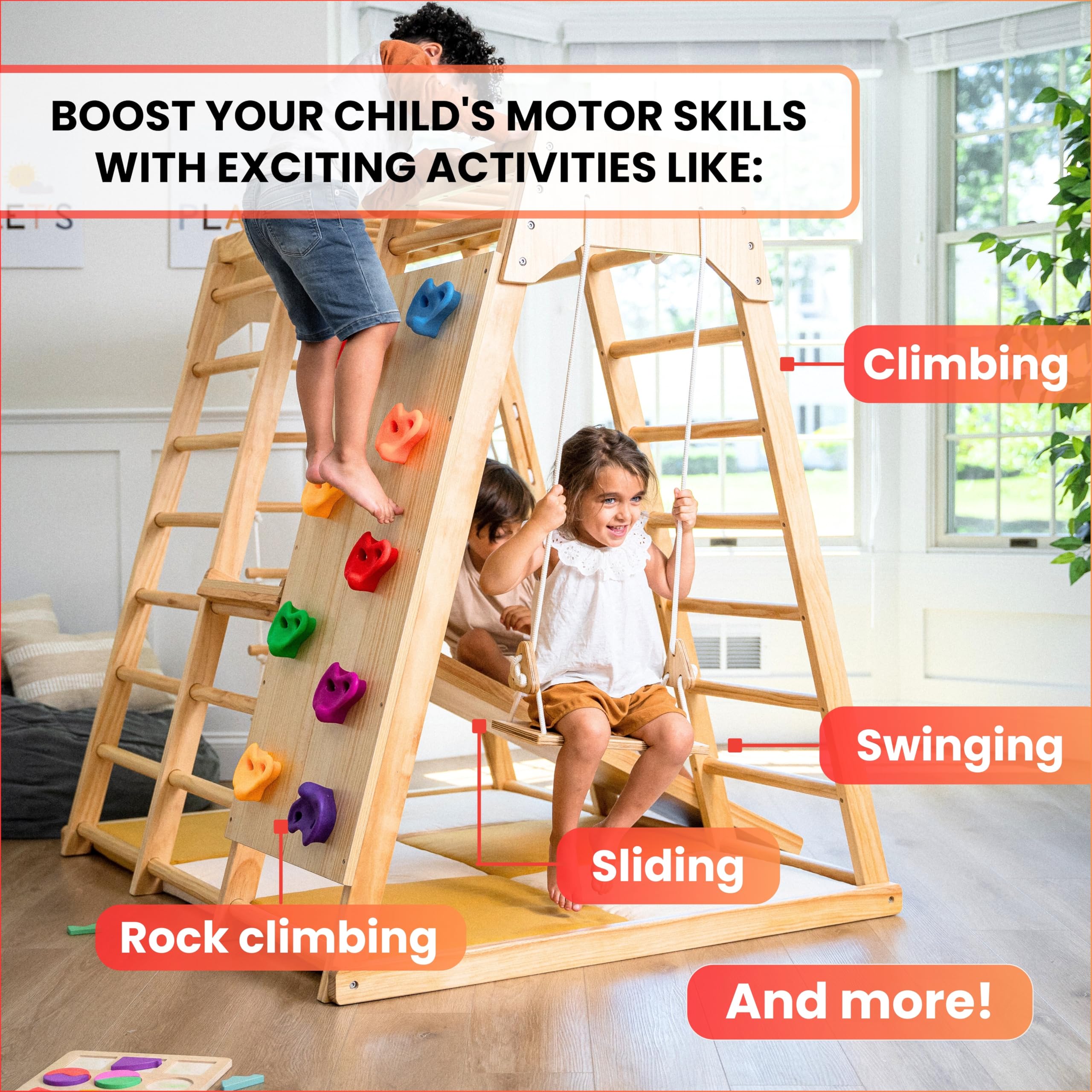 Avenlur Indoor Playground Jungle Gym – Magnolia 6-in-1 Montessori Wooden Indoor Playground for Kids & Toddlers Ages 2-6 – Waldorf Toys, Rope Ladder, Indoor Swing, Baby Slide, Rock Climbing Wall, More