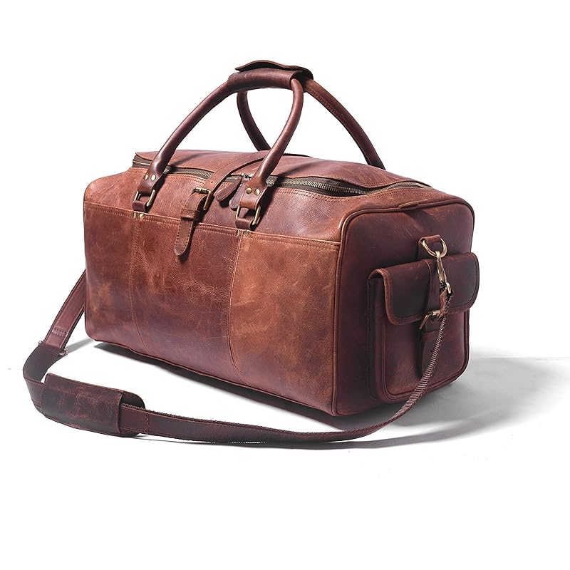 24 Inch Hunter Brown Leather Duffle Bag, Carry On Luggage, Handcrafted
