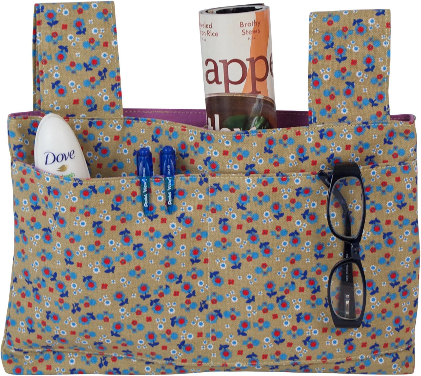 Qelse Designer Walker Tote Bag โ Beige Khaki with Blue Flowers - 3-Pocket Walker Organizer Basket Bag for Walker Style Rollator & Folding Walker โ Universal Fit โ Walker Accessory Hanging Storage Bag