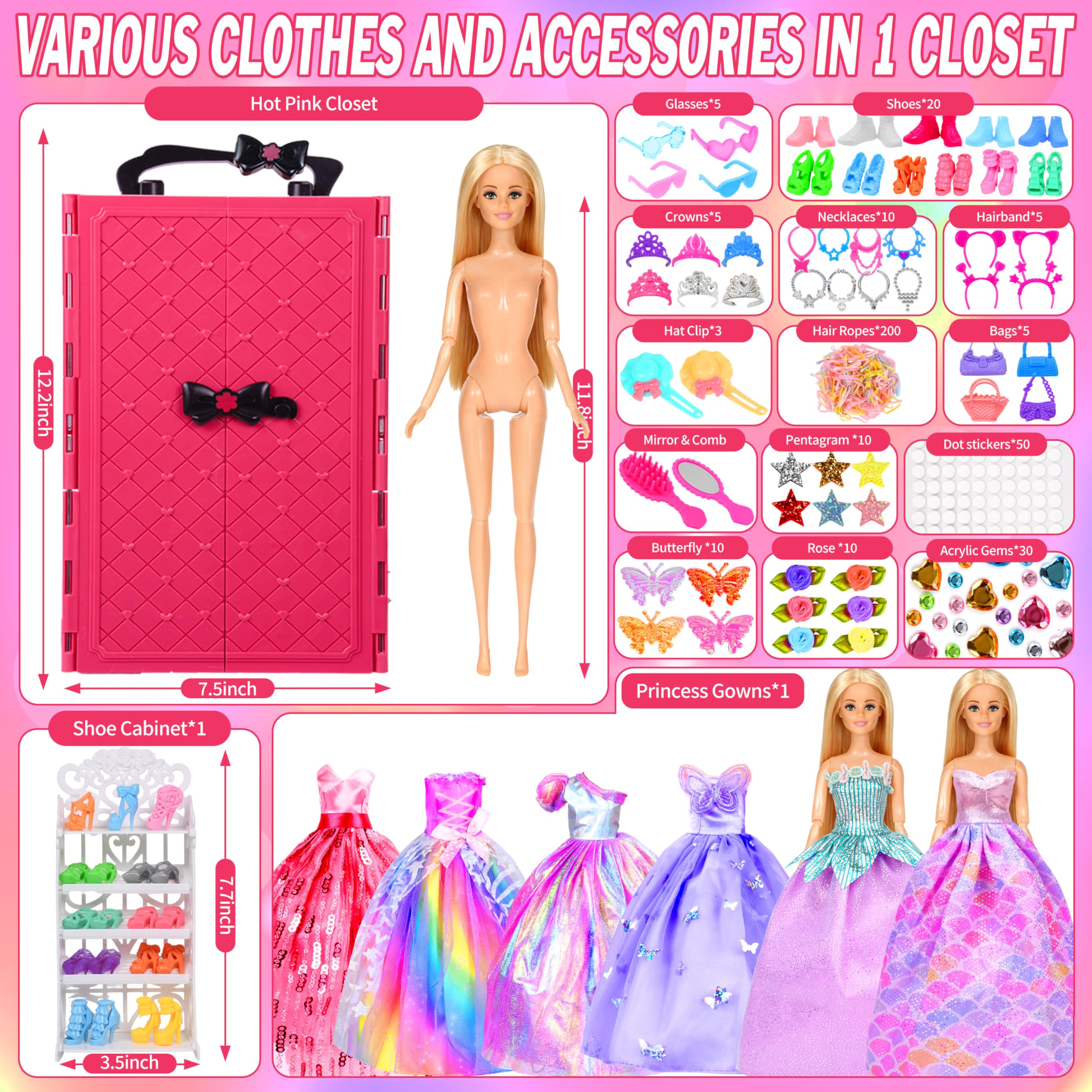 150 Pcs Doll Clothes and Accessories Playset with Dolls for Girls, Princess Gowns, Fashion Dresses, Swimsuits, Tops, Pants, Shoes, Bags Jewelrys in Closet for Doll Dress Up Fit for 11.5