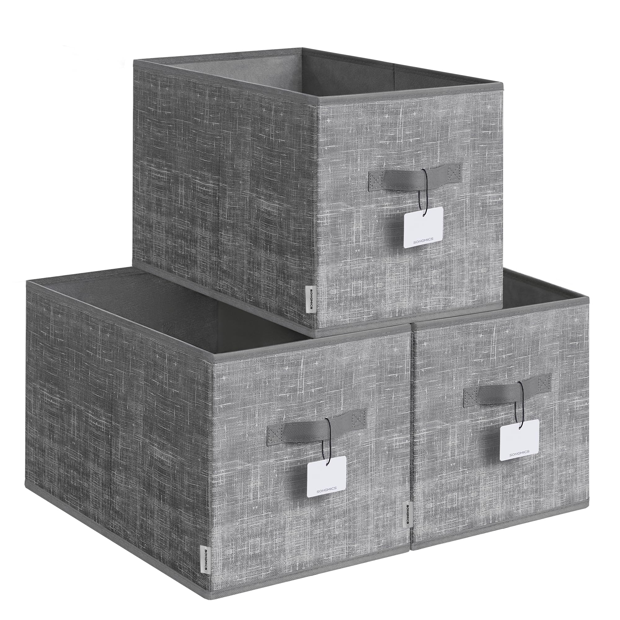 SONGMICES Collapsible Storage Boxes, Set of 3 Fabric Storage Baskets, 50 x 30 x 30 cm, Wardrobe Storage Organisers, 2 Handles, Label Holders, for Bedroom, Living Room, Cattail Grey ROB450G01