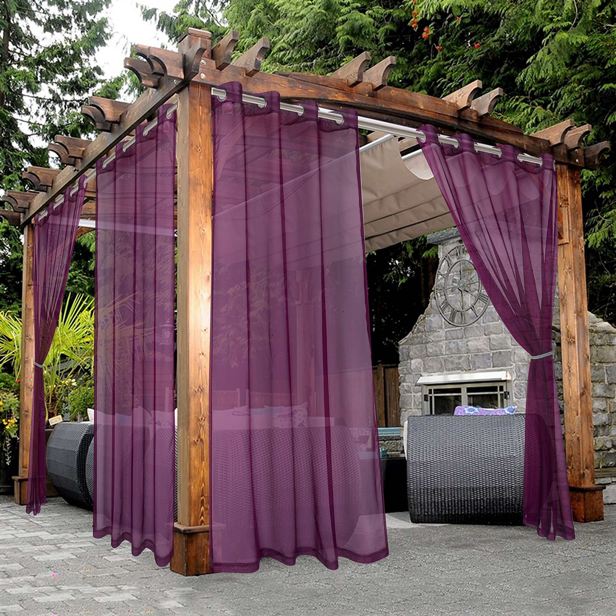 Photo 1 of BONZER Waterproof Indoor/Outdoor Sheer Curtains for Patio - 2 Panels Grommet Voile Curtains for Living Room, Bedroom, Porch, Pergola, Cabana, 54 x 120 inch, Plum