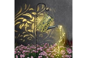 BUARO8AGA Solar Watering Can with Cascading Lights, Large Hanging Solar Lantern Flickering Lights Metal Waterproof Garden Stake Vintage Hollow Flower Pattern for Landscape Yard Lawn Pathway Decoration